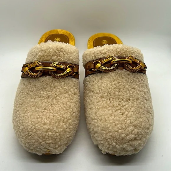 Tory Burch Authentic Rare Wooden Sheep Fur Fuzzy Sandals Clog Shoes **Size 8** - Picture 1 of 9